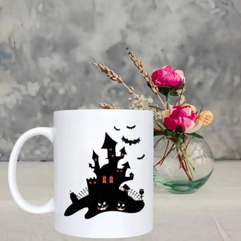 Tailorly White Ceramic 11 oz Mug - Spooky Haunted House Silhouette With Flying Bats And Glowing Pumpkin Eyes Castle