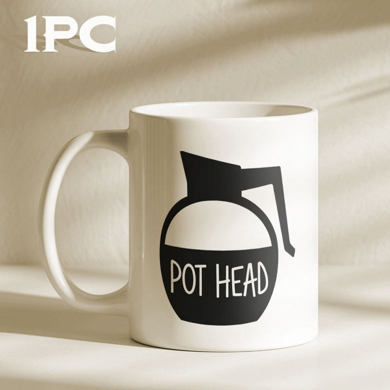 Tailorly White Ceramic 11 oz Mug - Pot Head Minimalist Black Silhouette Of A Classic Coffee Carafe Filled With Dark Liquid Pot