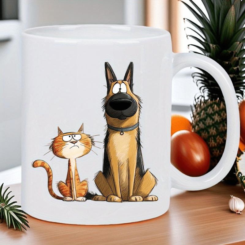 Tailorly White Ceramic 11 oz Mug - Cartoon Grumpy Cat And Surprised German Shepherd Sitting Together On White Background German Shepherd