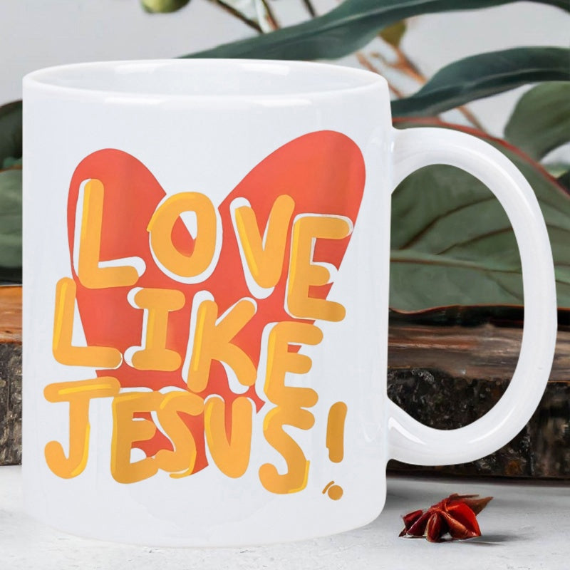 Tailorly White Ceramic 11 oz Mug - Love Like Jesus Vibrant Yellow Bold Text Over Large Red Heart Mug