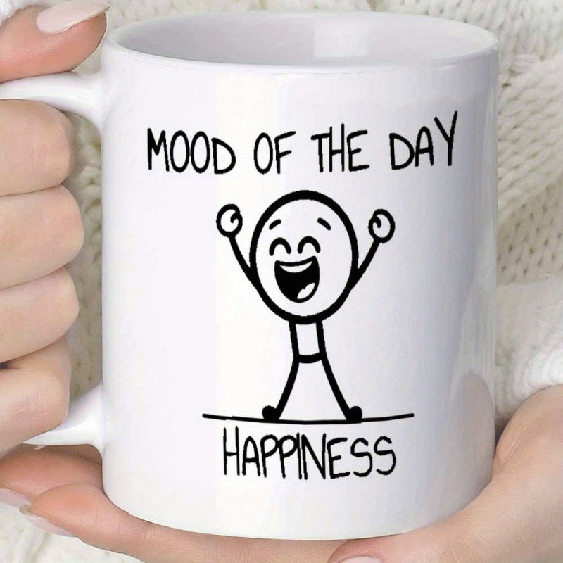 Tailorly White Ceramic 11 oz Mug - Mood Of The Day Happiness Cheerful Minimalist Line Art Character Expressing Great Joy And Positivity Stick Figure