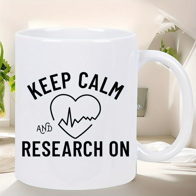 Tailorly White Ceramic 11 oz Mug - Keep Calm And Research On Minimalist Line Art Heart With Pulse Rhythm Line Medical Heartbeat Heart