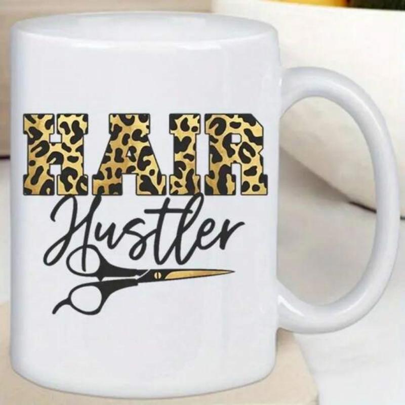 Tailorly White Ceramic 11 oz Mug - Hair Hustler Professional Salon Tool Featuring Golden Leopard Print And Elegant Cursive Script Scissors