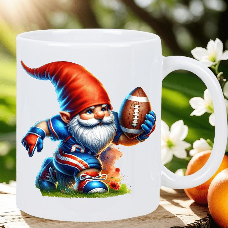 Tailorly White Ceramic 11 oz Mug - Sporty Bearded Character In Blue And Red Jersey Holding Leather Ball Gnome