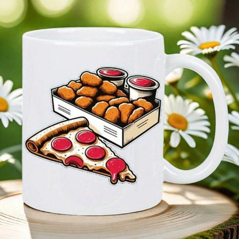 Tailorly White Ceramic 11 oz Mug - Delicious Golden Fried Chicken Nuggets And Savory Pepperoni Cheesy Italian Style Pizza