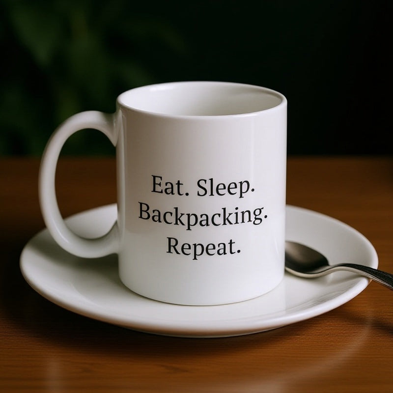 Tailorly White Ceramic 11 oz Mug - Eat Sleep Backpacking Repeat Minimalist White Ceramic Coffee Cup Sitting On Elegant Matching Round Saucer Mug