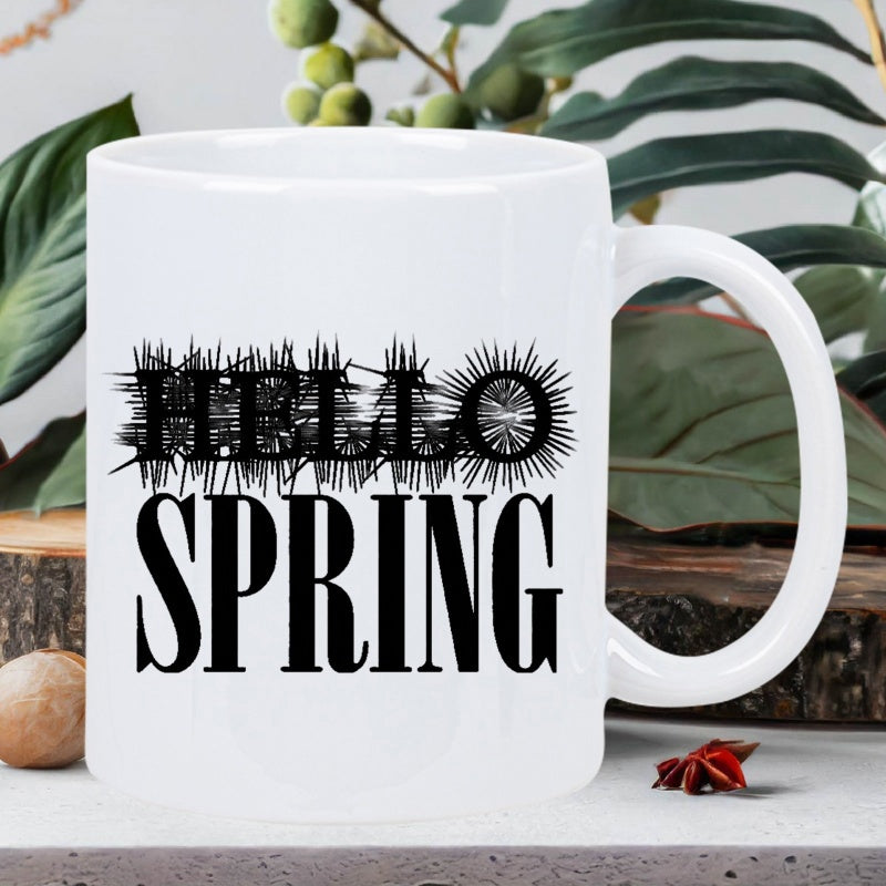 Tailorly White Ceramic 11 oz Mug - Hello Spring Bold Typography With Decorative Scribbles And Textured Artistic Spring