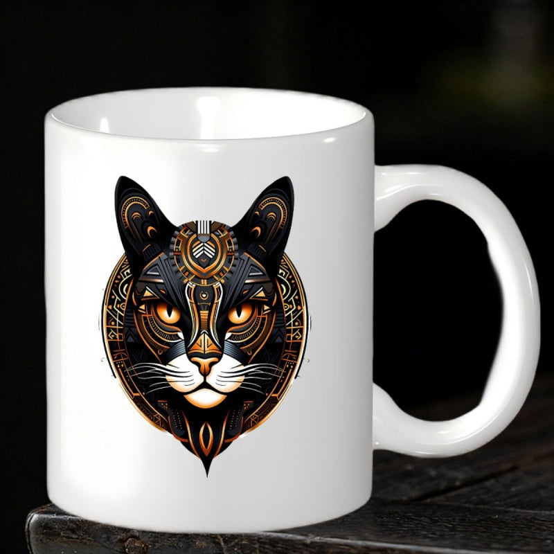 Tailorly White Ceramic 11 oz Mug - Intricate Ornamental Steampunk Style Geometric Black And Gold Patterned Feline Cat