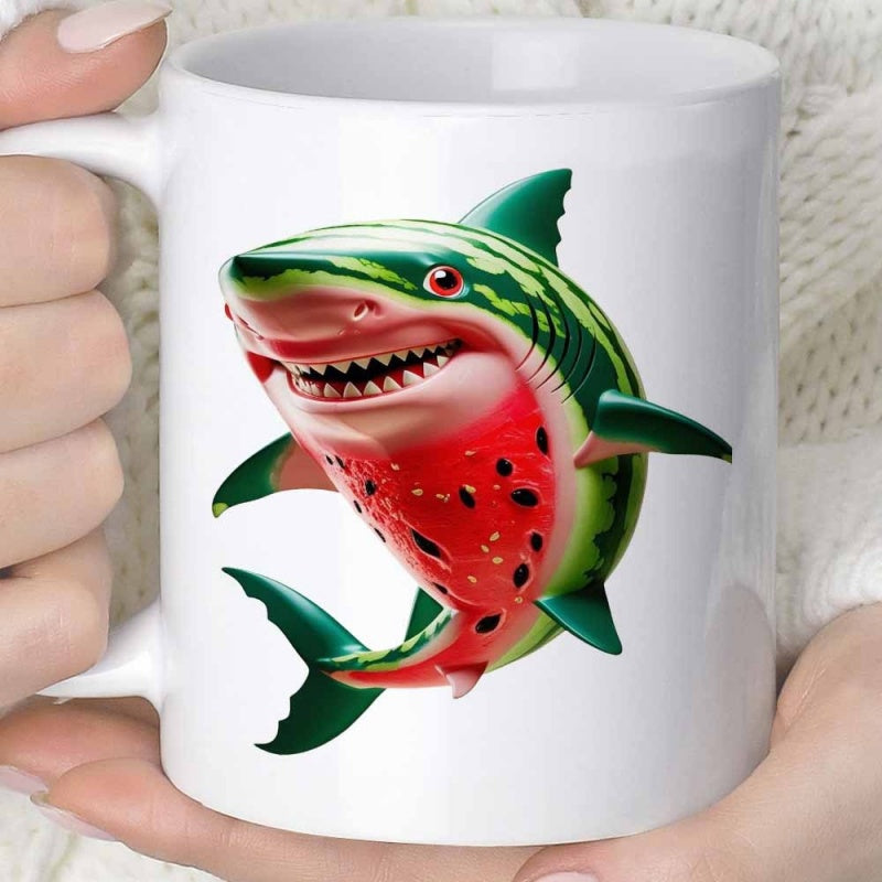 Tailorly White Ceramic 11 oz Mug - Creative Vibrant Watermelon Skin Design Leaping Out From White Background Shark
