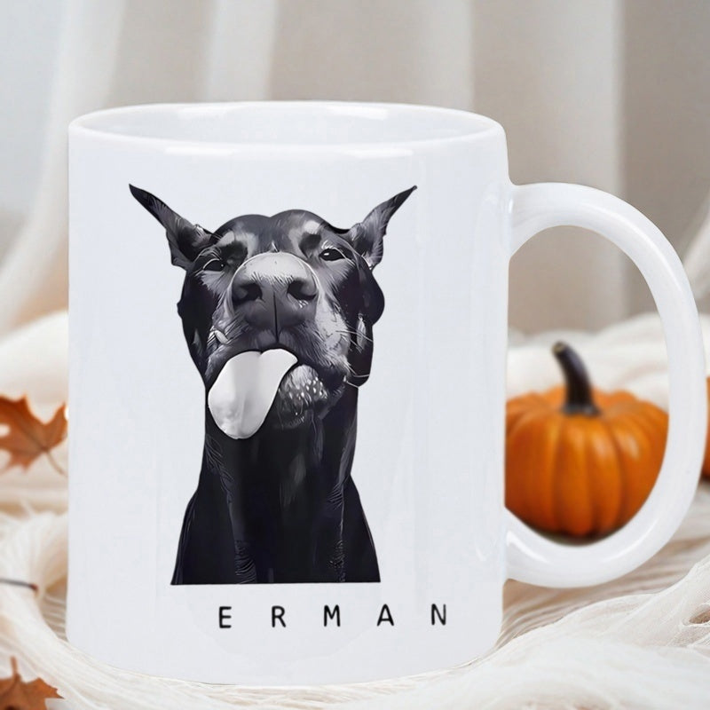 Tailorly White Ceramic 11 oz Mug - Erman Funny Black And White Doberman Poking Its Tongue Out In Monochrome Dog
