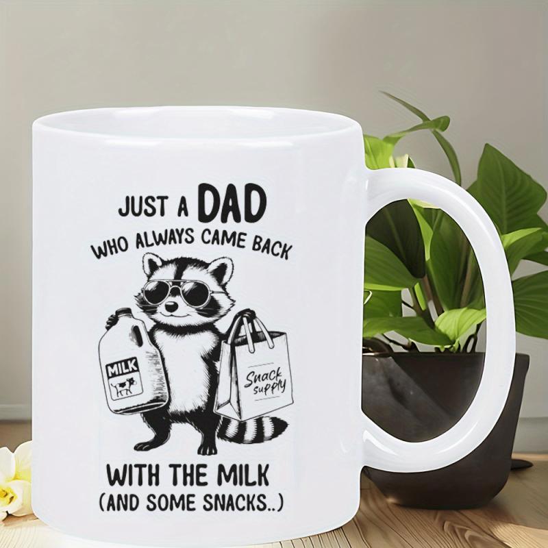 Tailorly White Ceramic 11 oz Mug - Just A Dad Who Always Came Back With The Milk And Some Snacks Funny Raccoon Wearing Cool Sunglasses Holding Milk And Snack Bag