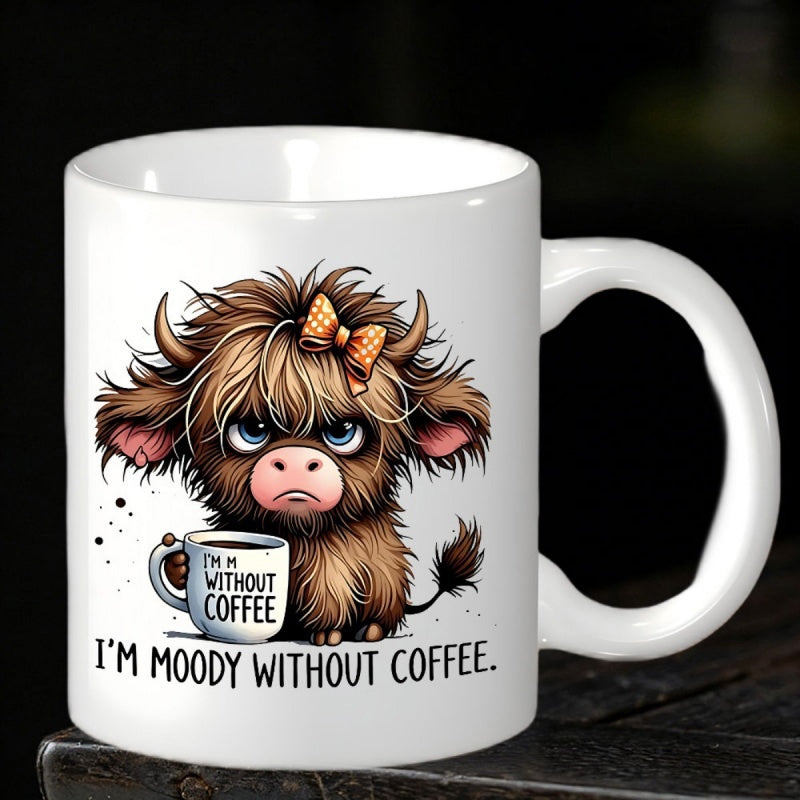 Tailorly White Ceramic 11 oz Mug - I m Moody Without Coffee Grumpy Fluffy Highland Cow Wearing Cute Bow Holding Small Coffee Mug Cow