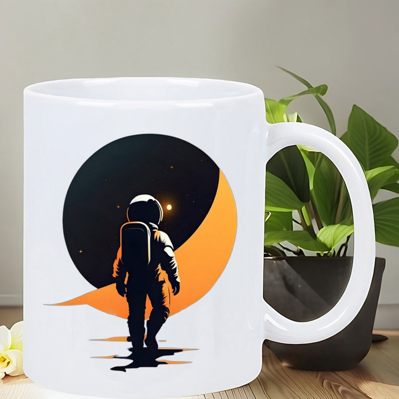 Tailorly White Ceramic 11 oz Mug - Minimalist Space Explorer Standing Before A Dark Celestial Crescent Glow Astronaut