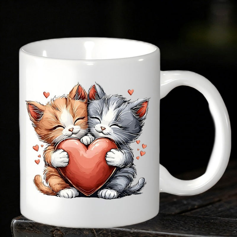 Tailorly White Ceramic 11 oz Mug - Adorable Ginger And Grey Tabbies Hugging A Large Glossy Red Heart Kittens