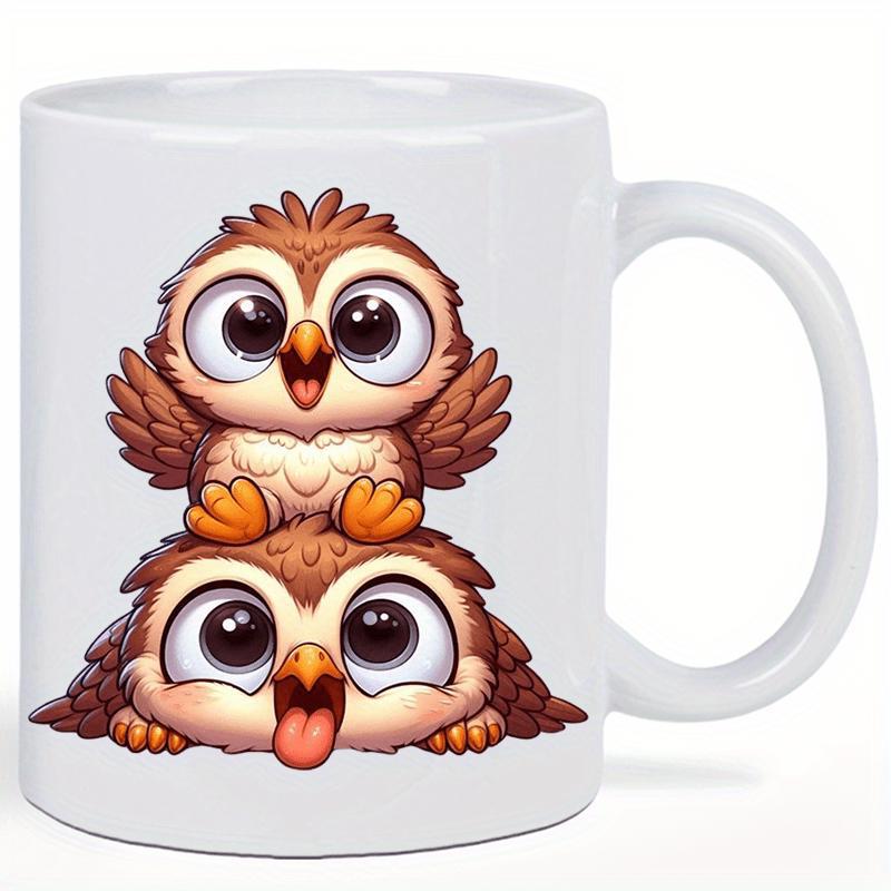 Tailorly White Ceramic 11 oz Mug - Two Adorable Brown Cartoon Owls Stacking Together In A Playful Joyful Owl
