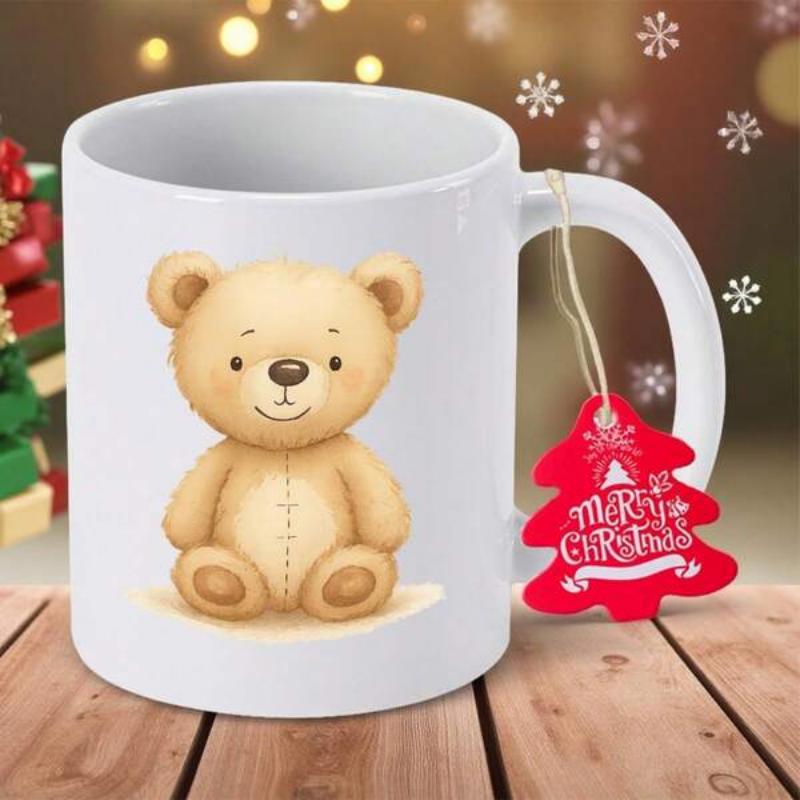 Tailorly White Ceramic 11 oz Mug - Merry Christmas Cute Fluffy Brown Sitting Toy With Soft Smiling Face Bear