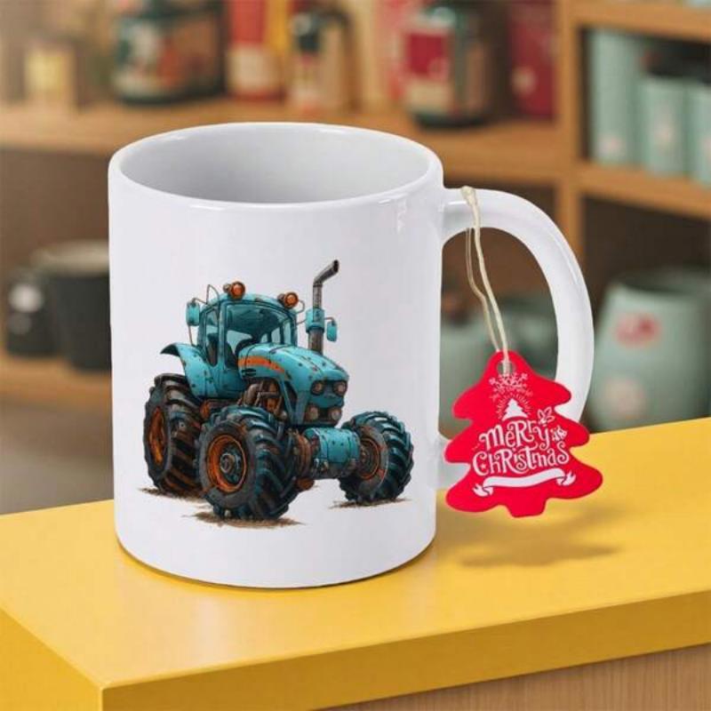 Tailorly White Ceramic 11 oz Mug - Merry Christmas Powerful Blue Farm Vehicle With Large Tires Parked On White Surface Tractor