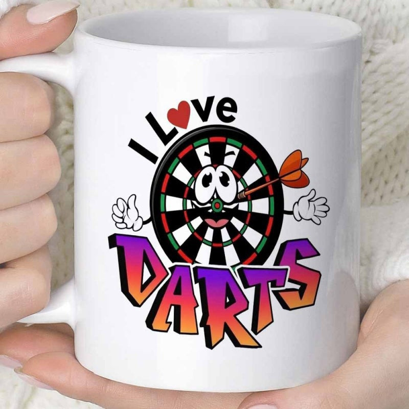 Tailorly White Ceramic 11 oz Mug - I Love DARTS Funny Animated Character With Vibrant Colors And Cartoon Style Dartboard