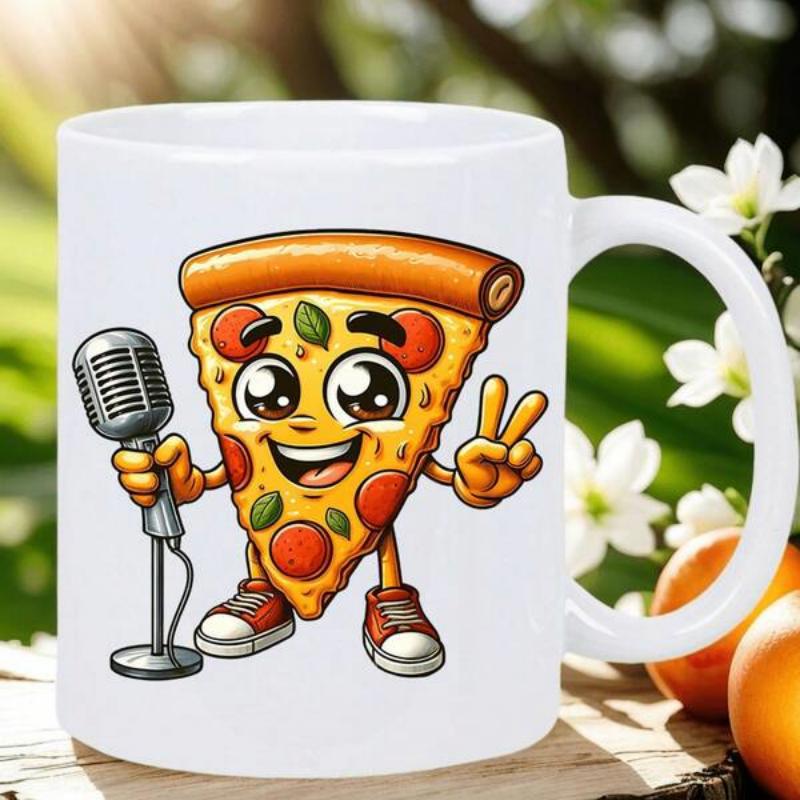 Tailorly White Ceramic 11 oz Mug - Joyful Cartoon Pizza Slice Character Singing Into A Vintage Professional Microphone Pizza