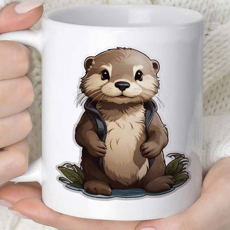 Tailorly White Ceramic 11 oz Mug - Adorable Furry Forest Creature Wearing A Backpack Sitting Peacefully In Nature Otter