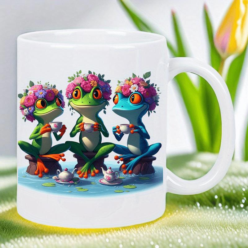 Tailorly White Ceramic 11 oz Mug - Three Adorable Colorful Creatures Wearing Floral Crowns Having Tea Party Frog