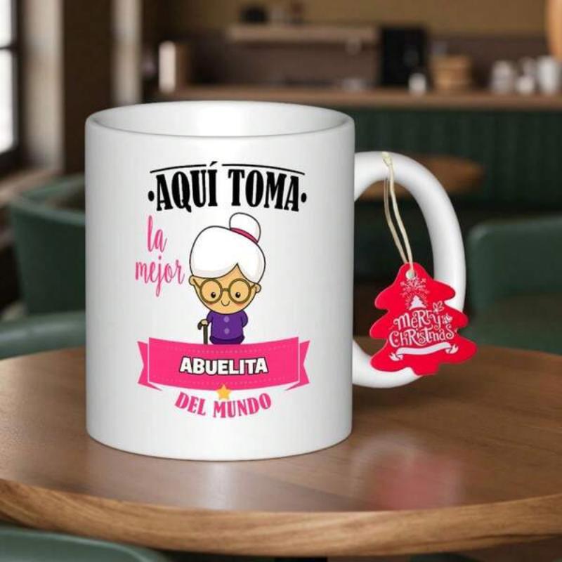 Tailorly White Ceramic 11 oz Mug - Charming Cartoon Elderly Lady With White Hair Bun And Walking Cane Grandmother