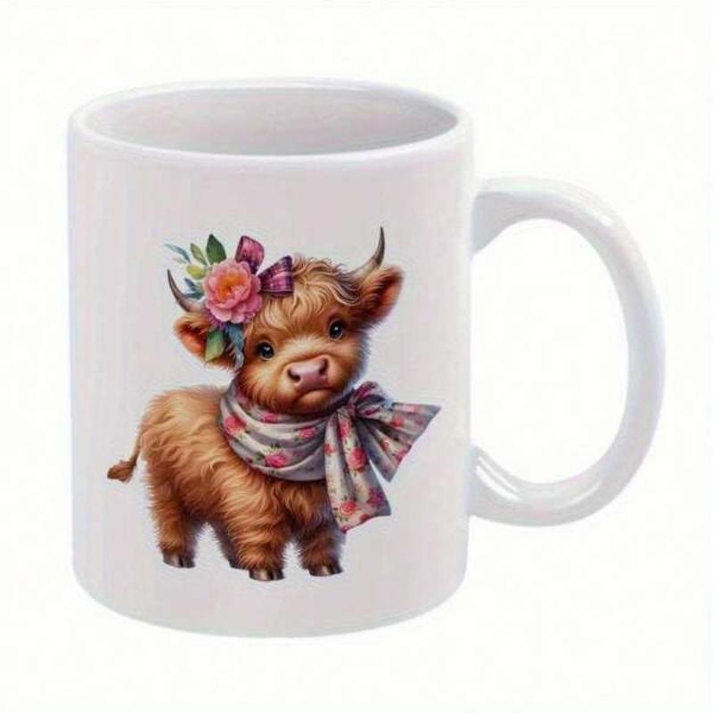 Tailorly White Ceramic 11 oz Mug - Adorable Fluffy Brown Highland Calf Wearing Floral Crown And Scarf Cow