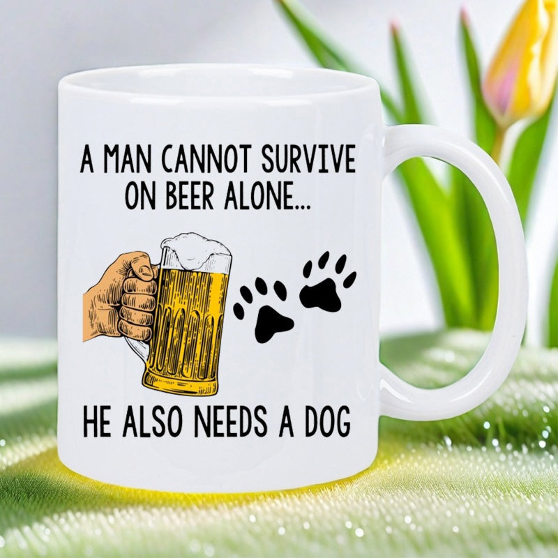 Tailorly White Ceramic 11 oz Mug - A Man Cannot Survive On Beer Alone He Also Needs A Dog Vintage Hand Holding Refreshing Foamy Beer Beside Small Black Paw Prints