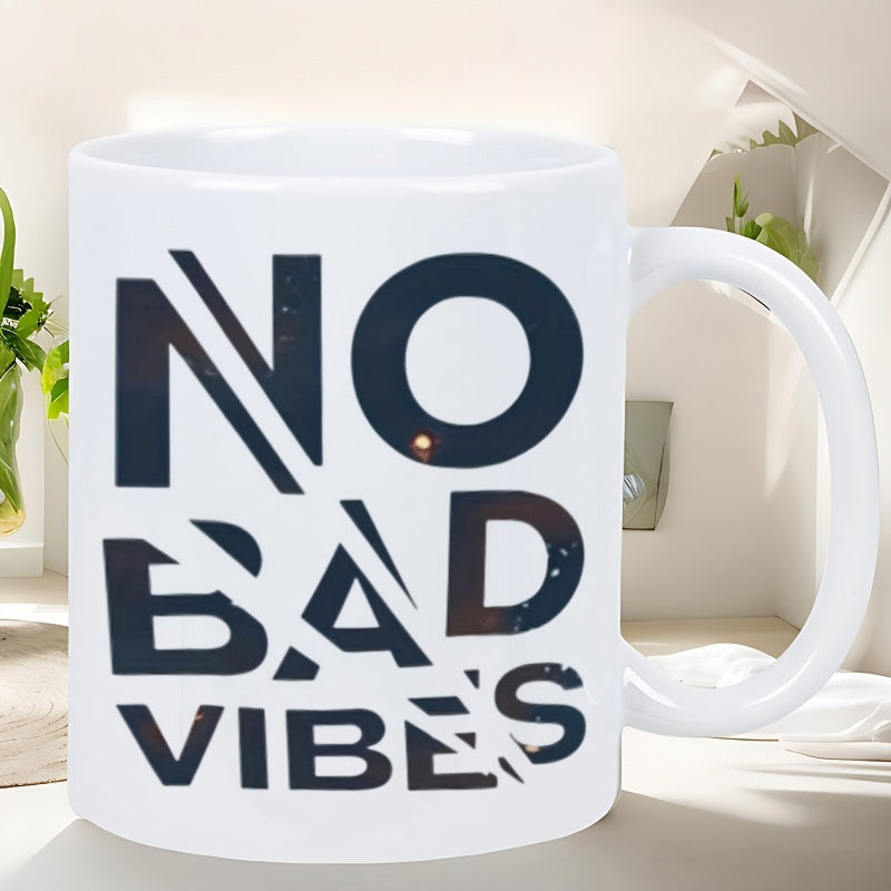 Tailorly White Ceramic 11 oz Mug - No Bad Vibes Modern Minimalist Bold Letters With Geometric Diagonal Cutouts Sign
