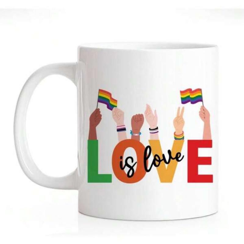 Tailorly White Ceramic 11 oz Mug - Love Is Love Diverse Hands Raising Rainbow Flags Above Colorful Bold Block Letters
