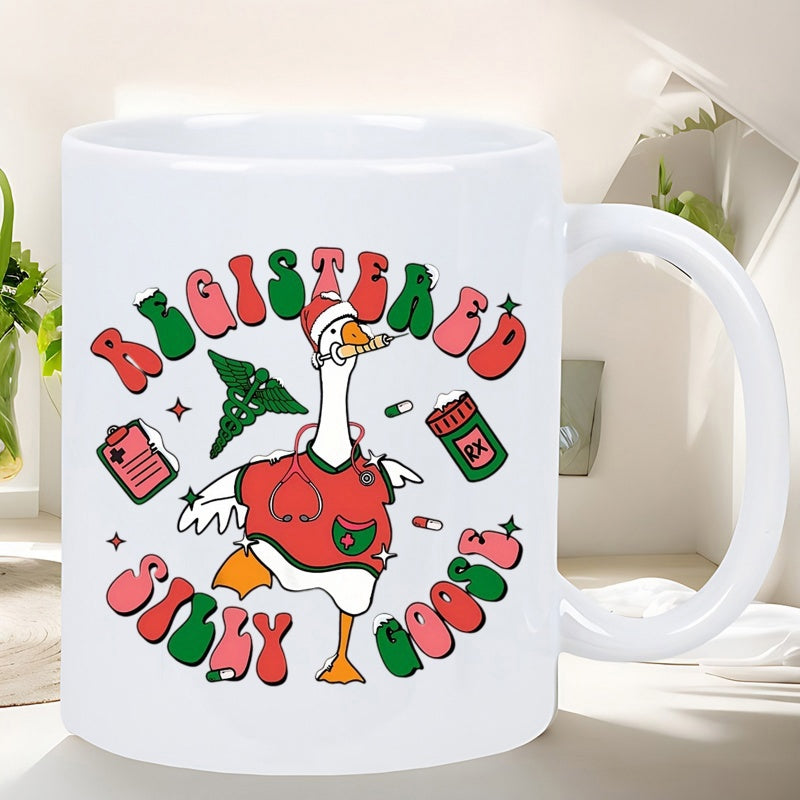 Tailorly White Ceramic 11 oz Mug - Registered Silly Goose Festive White Wearing Nurse Scrubs And Santa Hat Carrying Medical Supplies Goose