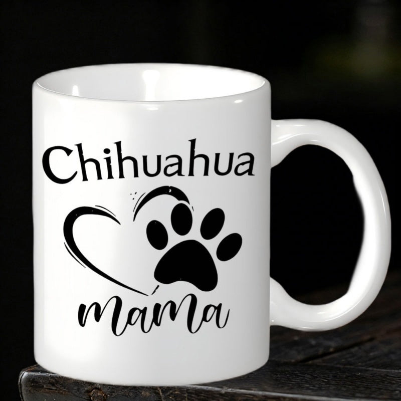 Tailorly White Ceramic 11 oz Mug - Chihuahua Mama Minimalist Black Heart Outline Merged With A Cute Puppy Paw Print Dog