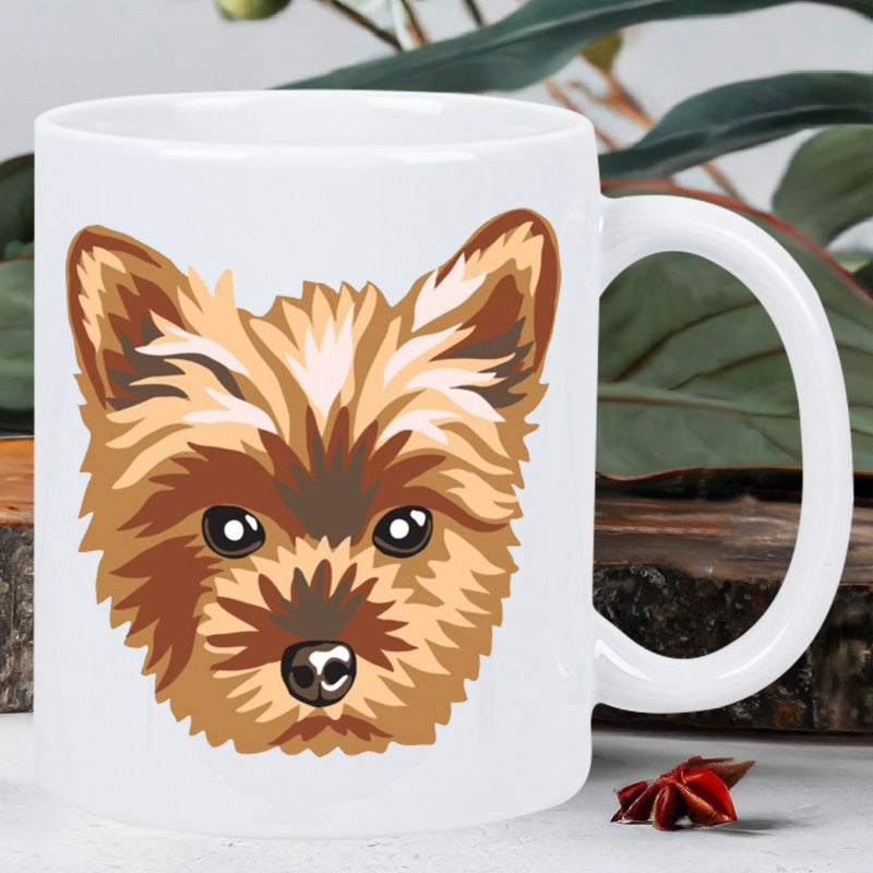 Tailorly White Ceramic 11 oz Mug - Stylized Brown Furry Puppy Head With Pointed Ears And Dark Eyes Dog