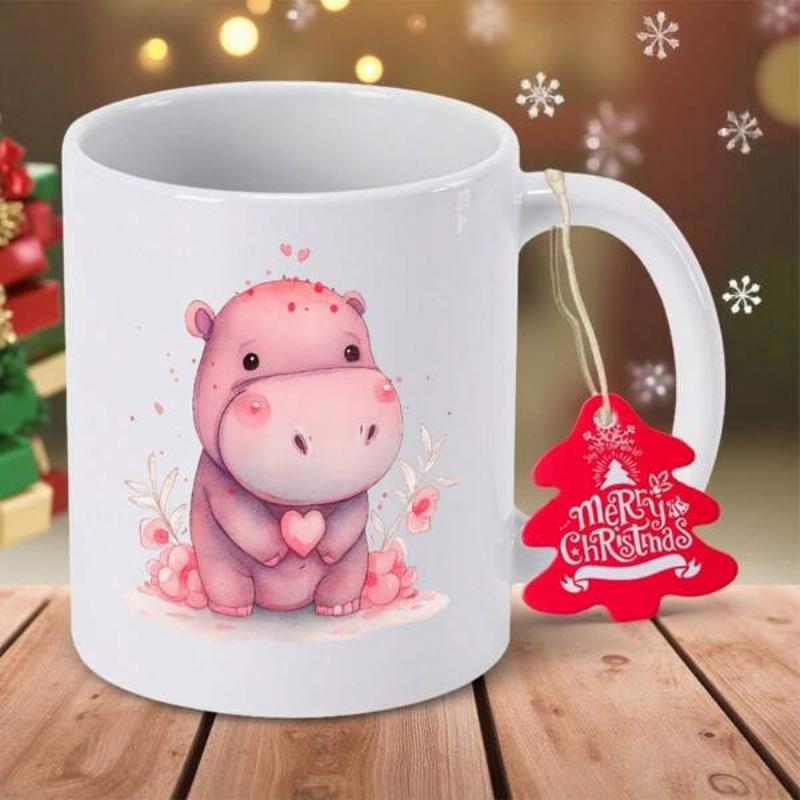 Tailorly White Ceramic 11 oz Mug - Adorable Pink Watercolor Animal Holding Heart Surrounded By Delicate Flowers Hippo
