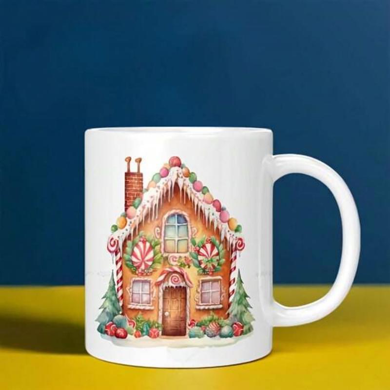 Tailorly White Ceramic 11 oz Mug - Festive Winter Gingerbread Cottage With Snowy Icing And Candy Cane Decorations House