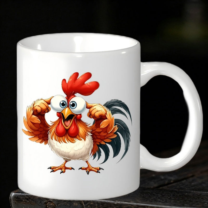 Tailorly White Ceramic 11 oz Mug - Expressive Cartoon Bird With Big Wide Eyes And Red Crest Rooster