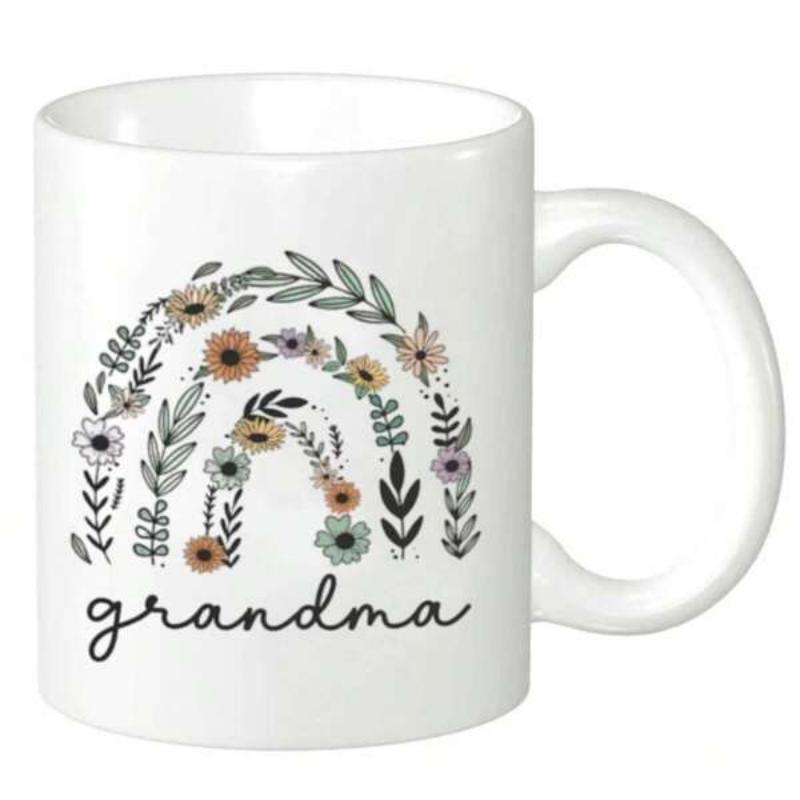 Tailorly White Ceramic 11 oz Mug - Grandma Elegant Floral Arch With Muted Wildflowers And Botanical Leafy Rainbow