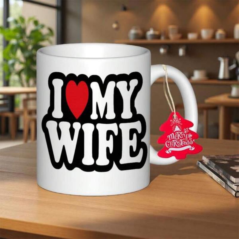 Tailorly White Ceramic 11 oz Mug - I My Wife Bold Rounded Letters With Large Red Heart On Dark Shadow Sign