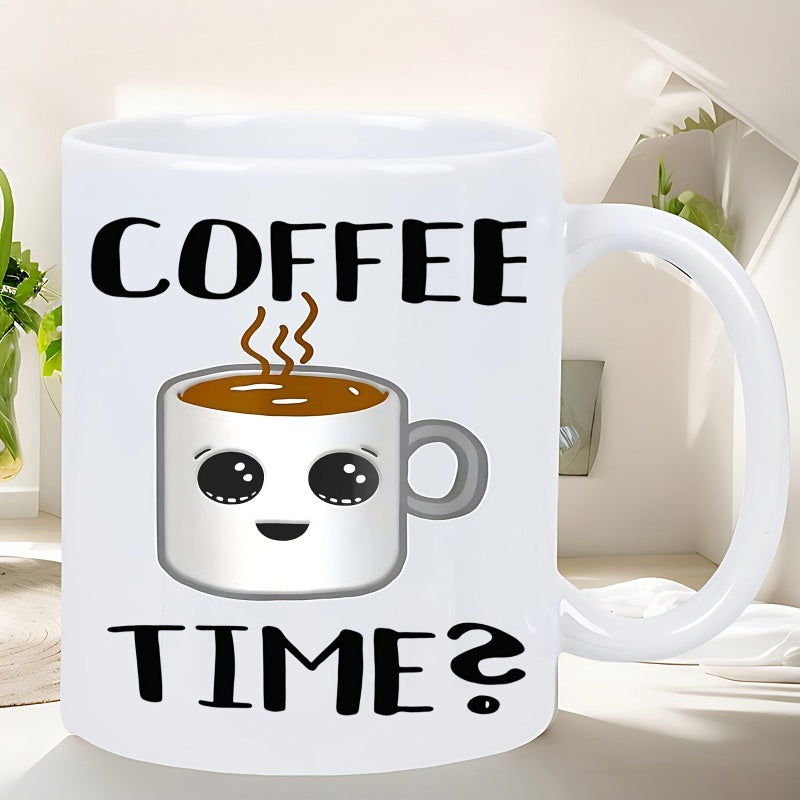 Tailorly White Ceramic 11 oz Mug - Coffee Time Cute Smiling Cartoon Coffee Cup With Steaming Hot Vapor Floating Above Mug