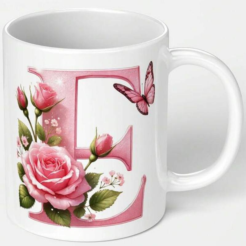 Tailorly White Ceramic 11 oz Mug - E Elegant Pink Roses Blooming With A Graceful Pink Flying Butterfly Letter