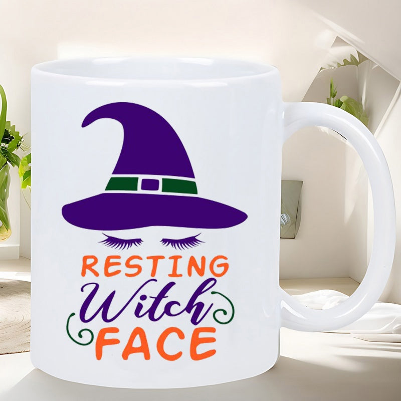 Tailorly White Ceramic 11 oz Mug - Resting Witch Face Purple Pointed Hat With Long Eyelashes And Decorative Typography Witch