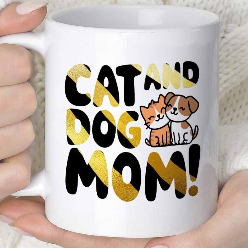Tailorly White Ceramic 11 oz Mug - Cat And Dog Mom Cute Cartoon Kitten And Puppy Featuring Bold Textured Golden Patterned Letters Pets
