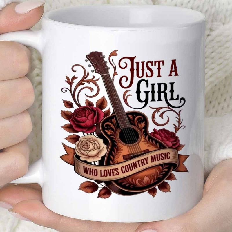 Tailorly White Ceramic 11 oz Mug - Just A Girl Who Loves Country Music Elegant Acoustic Guitar Nestled Among Blooming Roses And Ornate Swirling Vines Guitar