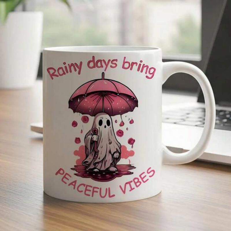 Tailorly White Ceramic 11 oz Mug - Rainy Days Bring Peaceful Vibes Adorable Tiny Spirit Sheltering Under A Vibrant Pink Umbrella Ghost