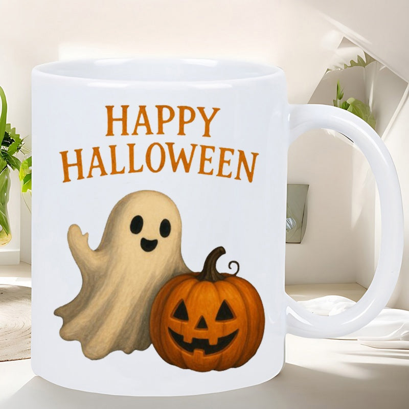 Tailorly White Ceramic 11 oz Mug - Happy Halloween Cute Friendly Ghost Standing Beside Carved Jack O Lantern Pumpkin