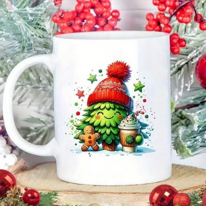 Tailorly White Ceramic 11 oz Mug - Adorable Smiling Evergreen Wearing Red Beanie With Tiny Gingerbread Man Christmas Tree