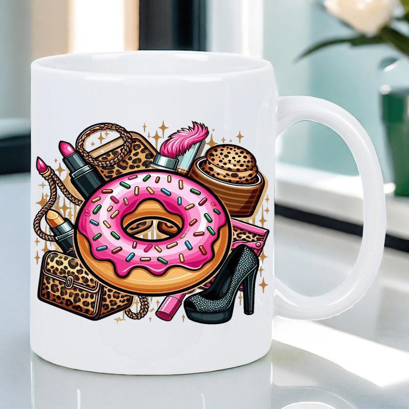 Tailorly White Ceramic 11 oz Mug - Leopard Print Handbags Lipsticks High Heel Shoe Stylish Fashion Elements Sparkles Donut