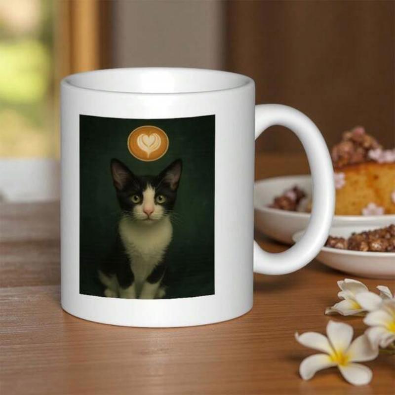 Tailorly White Ceramic 11 oz Mug - Serene Tuxedo Cat Sitting Peacefully Under Heart Shaped Creamy Coffee Art Cat