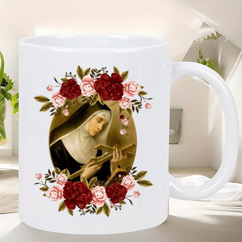 Tailorly White Ceramic 11 oz Mug - Elegant Religious Portrait With Red Roses Surrounding A Devout Praying Nun