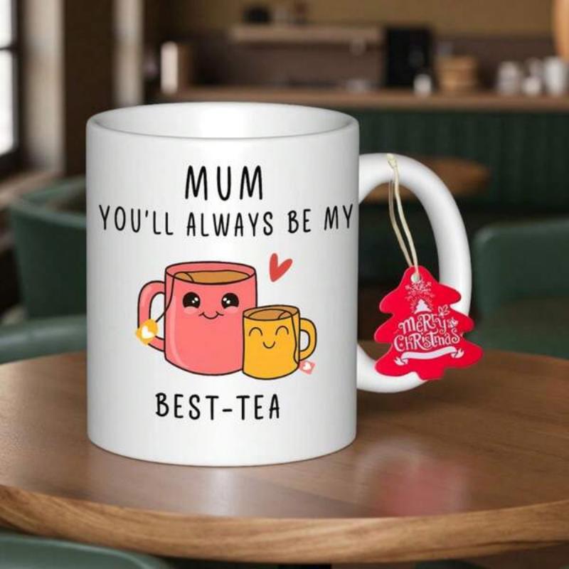 Tailorly White Ceramic 11 oz Mug - Mum Youll Always Be My Best Tea Cute Smiling Cartoon Cups With A Tiny Red Heart Mug